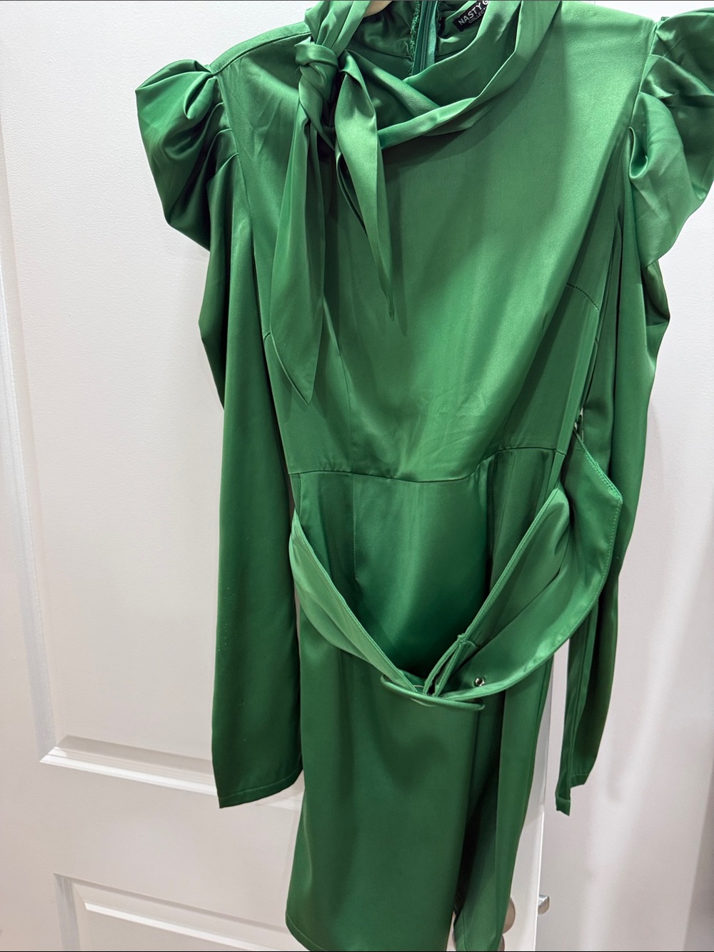 Nasty Gal Emerald Green Satin Long Sleeve Tie-Neck Dress